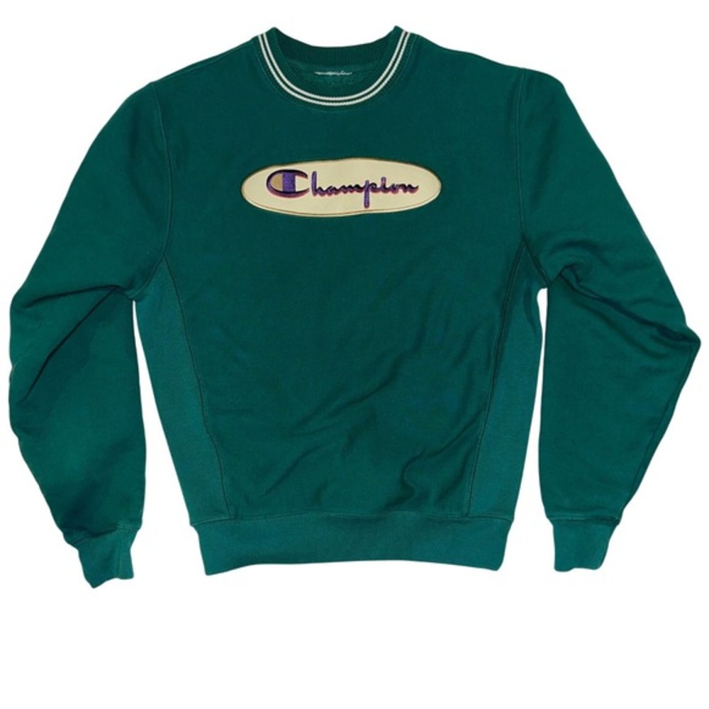 Vintage Champion Sweater Womans Small Green Embroidered Reverse Weave Ribbed